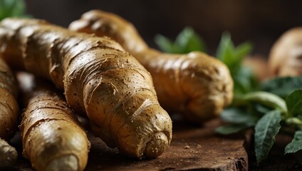 Organic ginger root nutritious, spicy, fresh culinary herb perfect for healthy eco friendly cooking.