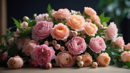 Artistic floral arrangement delicate bouquet in flat lay style with ample space for text.