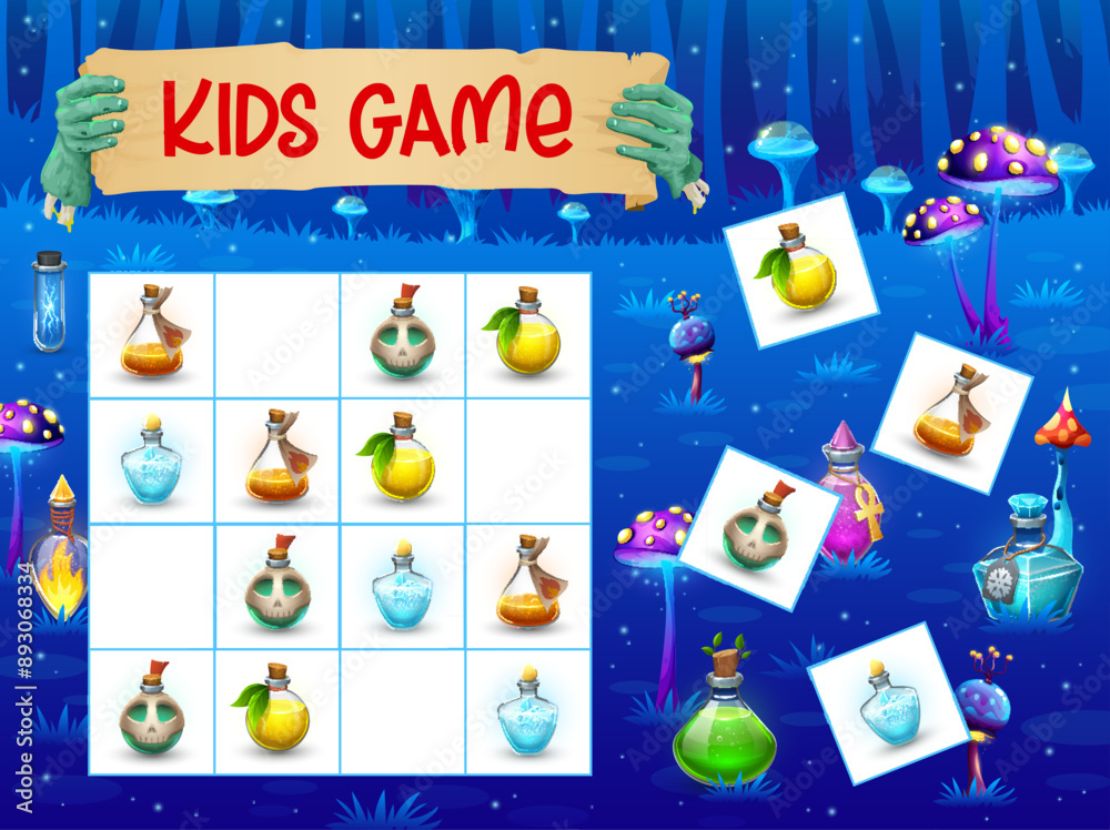 Aufkleber halloween kids sudoku game, potion bottles in fairytale forest vector puzzle quiz. halloween workshe