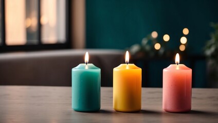 Minimalist home decor aesthetic colored candles mockup for stylish interior design.