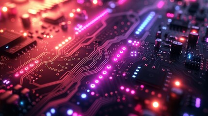 Fototapeta premium A Close up View of a Circuit Board With Colorful Lights and Wires on It - Generative AI