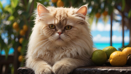 Persian Cat Finds Ultimate Relaxation Lounging in a Passion Fruit Amidst an Exotic Tropical Locale.