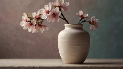Minimalist white vase with elegant pink cherry blossoms on soft pastel background, space for text.
