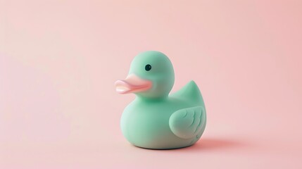 Unusual green rubber ducky toy on pastel pink background