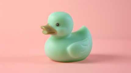 Unusual green rubber ducky toy on pastel pink background