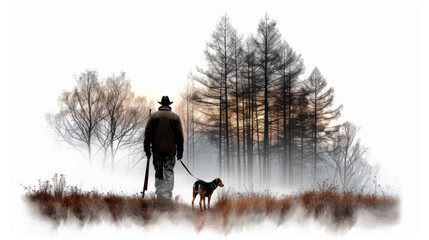 Hunter's Dawn: A lone hunter and his faithful hound navigate a misty forest at sunrise, their silhouettes etched against the golden light. 