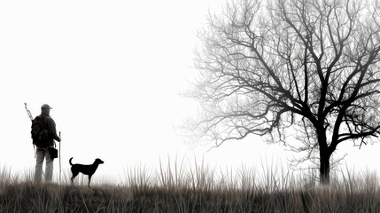 Solitude's Embrace: A lone figure and loyal canine companion stand silhouetted against a stark winter landscape, their bond unyielding amidst the quiet beauty of nature's embrace. 