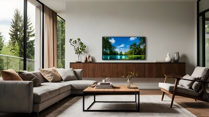 Fototapeta premium Energy efficient air conditioner with fresh natural in a modern living room.