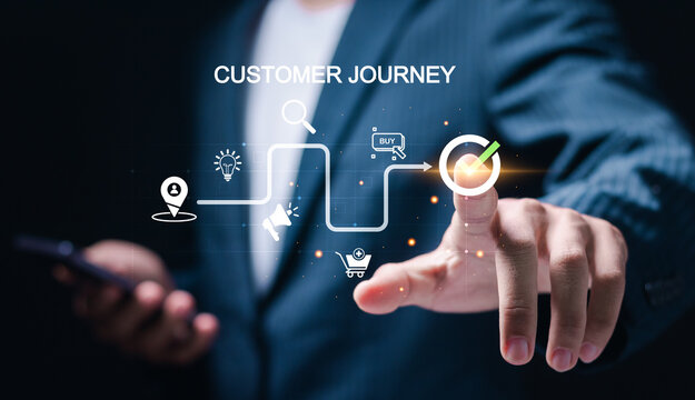 Customer journey concept. journey evaluation, Boost satisfaction, encourage repeat business and drive revenue growth. Businessman touching customer journey icon on virtual screen.