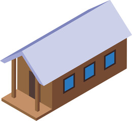 Wooden bungalow with porch and three windows is being presented on empty space, isometric view