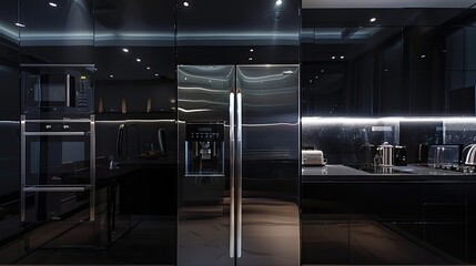 Obraz premium Stylish black kitchen with high-gloss cabinets, stainless steel appliances, and subtle lighting.