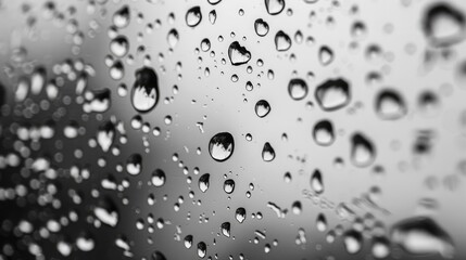 Rain-streaked glass. Monochrome light with raindrops. Close-up of droplets and stains. Detailed macro texture. Rainy day.