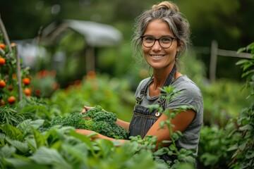 Serene Woman in Her Forties Gardening Peacefully in Backyard