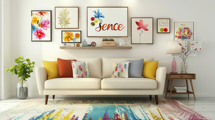 a photo of the interior design of an aesthetic living room with a tv on wall