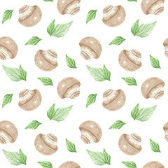 Seamless pattern from mushroom champignon, green basil, herbs. Hand drawn watercolor illustration on white background. Template for design menu, textiles, printing, packaging.