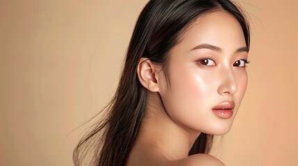 Fototapeta premium Asian woman with flawless skin and long hair, Korean makeup style, isolated on beige background, beauty and cosmetology