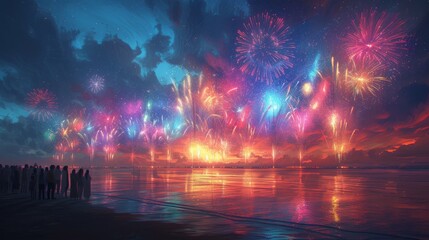 A Group of People Standing on a Beach Looking at a Colorful Display of Fireworks - Generative AI