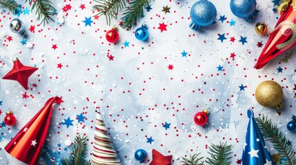 Fototapeta premium The image depicts a celebratory New Year scene with festive decorations, including party hats, baubles, and stars, set against a snowy background with evergreen branches and colorful confetti.