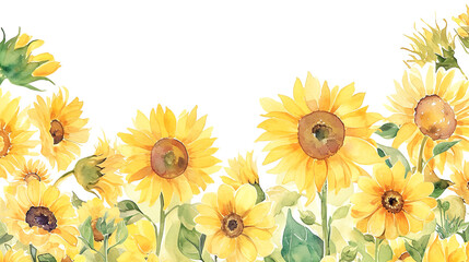 Obraz premium 白背景にたくさんのひまわりの水彩イラスト背景