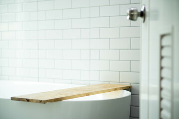 blur door handles of Modern bath room with wooden shelf on bath empty and white interior design