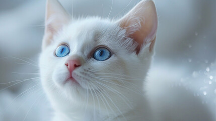 Obraz premium A beautiful white cat with blue eyes is looking up at the camera.