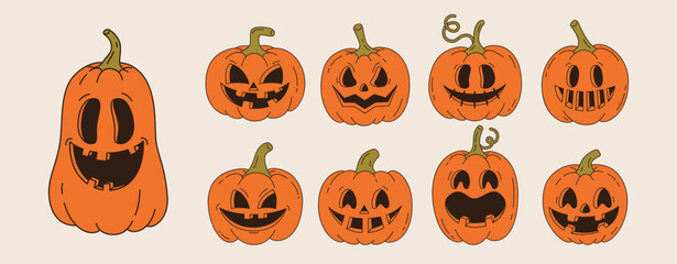 Set of Halloween retro pumpkin in groovy style. Funny orange pumpkin with smile. Vector illustration.