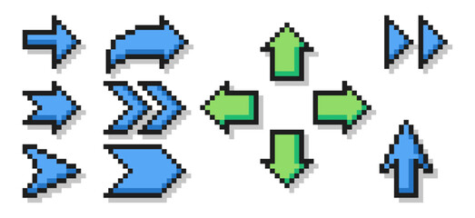Pixel art video game direction arrow button. 8-bit pointers for game assets. Vector illustration. © Arina