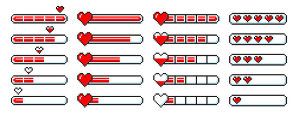 Pixel game life bar with heart for animation. 8-bit progress bar for game assets. Vector illustration. © Arina