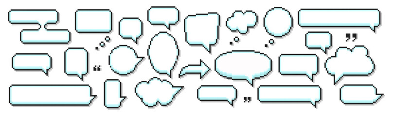 8 bit pixel speech bubbles and dialog boxes. Message icons for computer game. Vector illustration.