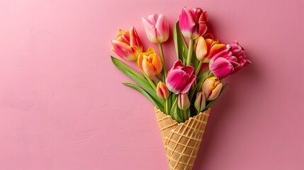 Obraz premium Wafer cone with tulips on a pink background