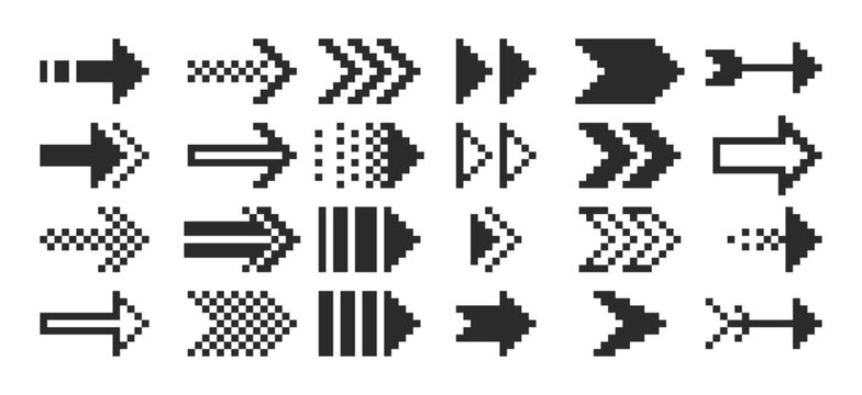 A set of pixel arrows, a double arrow, a mouse pointer. 8-bit pointers for game assets. Vector illustration.