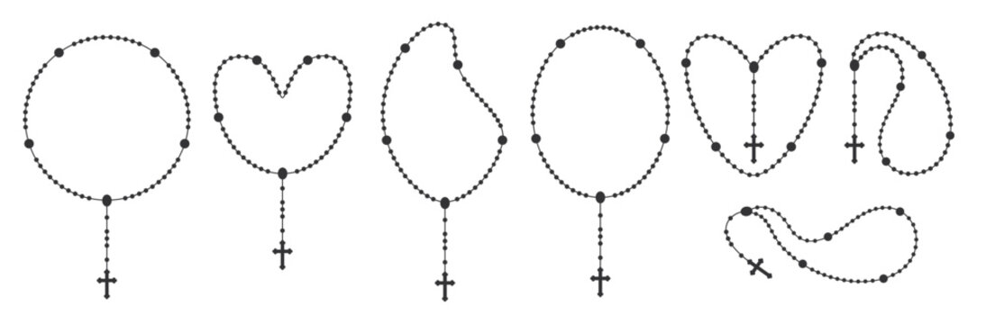 Set of Rosary beads silhouettes. Catholic chapel with a cross. Vector illustration.