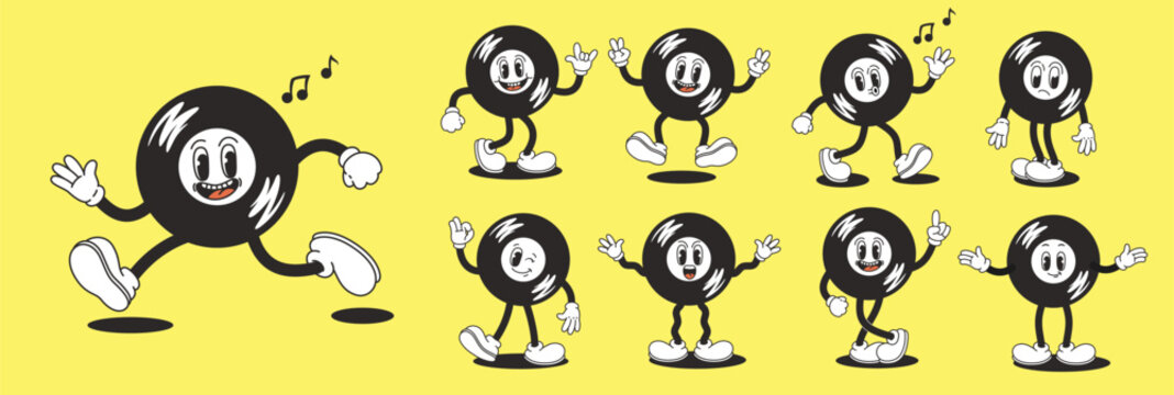 Retro cartoon character of vinyl record. Music streaming service icon, recording store logo. Vector illustration.