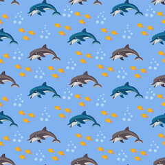 Marine seamless pattern hand-drawn. Dolphins and fish swim in the ocean.