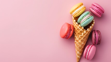 Obraz premium Waffle cone with colorful macaron or macaroon on pink pastel background