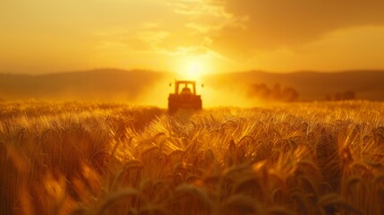 Fototapeta premium A Tractor Is Driving Through a Field at Sunset With the Sun in the Background - Generative AI