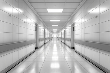 Fototapeta premium long empty hospital corridor with white walls and bright lighting, symbolizing sterility, medical care, order, and a clinical atmosphere, evoking professionalism and cleanliness