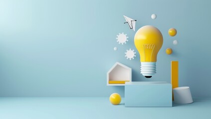 artificial intelligence lightbulb with yellow and white color, pixelated design, floating on blue background