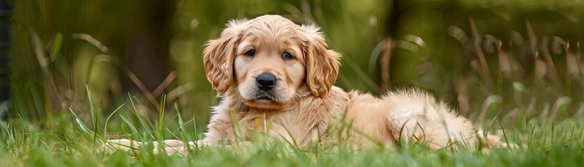 Obraz premium Golden retriever puppy in grassy field, adorable pet, nature setting