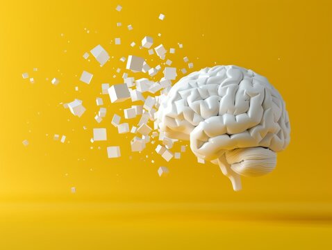 3d pixelated white brain disintegrating on yellow background