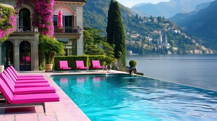 Elegant luxury pool area with pink pool chairs, surrounded by a scenic lakeside environment.