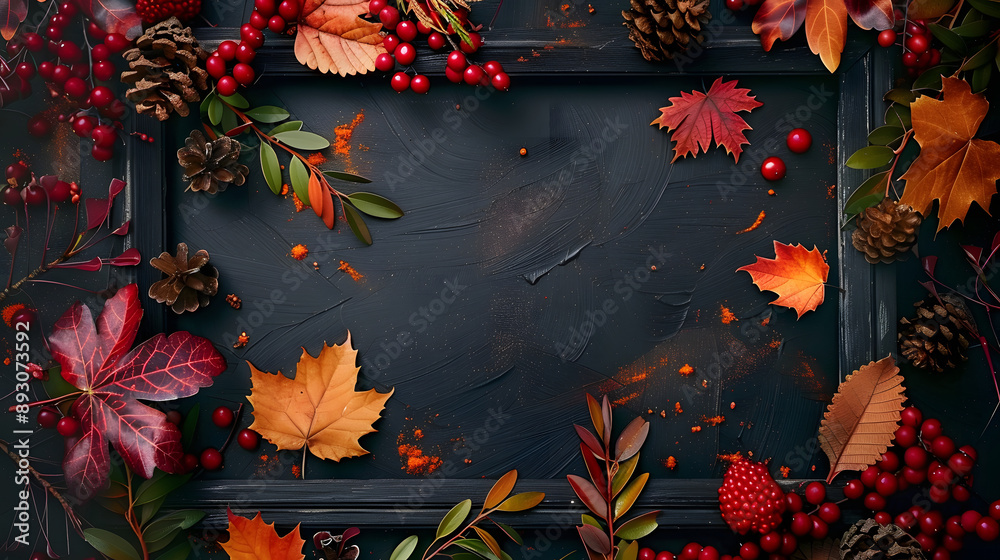 Wall mural autumn menu design with leaves frame on black background