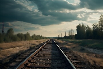 Fototapeta premium Schienen durch die Landschaft unter Wolkenhimmel - Zugstrecke durch unberührte Landschaft - Ki-Ai generiert