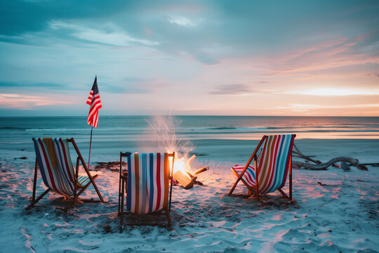 American Holiday Beach Bonfire &ndash; Bonfire, Beach Chairs, Patriotic Decorations for Labor Day, Fourth of July, Memorial Day
