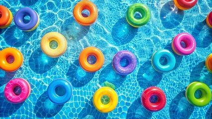 Fototapeta premium Vibrant top view of a serene swimming pool with colorful swimming rings, detailed textures, and realistic natural lighting effects.