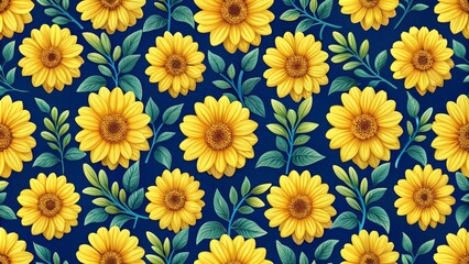 Vibrant yellow flowers bloom in a repeatable, modern seamless pattern set against a deep, rich navy blue background.