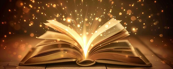 Open book with glowing pages, learning, magical knowledge