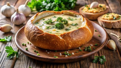 Hearty, crusty bread bowl filled with steaming, aromatic garlic soup, garnished with fresh parsley and melted butter, on rustic table.