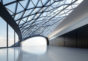 low angle view of an open space with glass roof and black steel structure