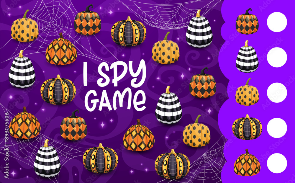 Aufkleber i spy game, cobweb with halloween patterned pumpkins. object finding kids playing activity, counting